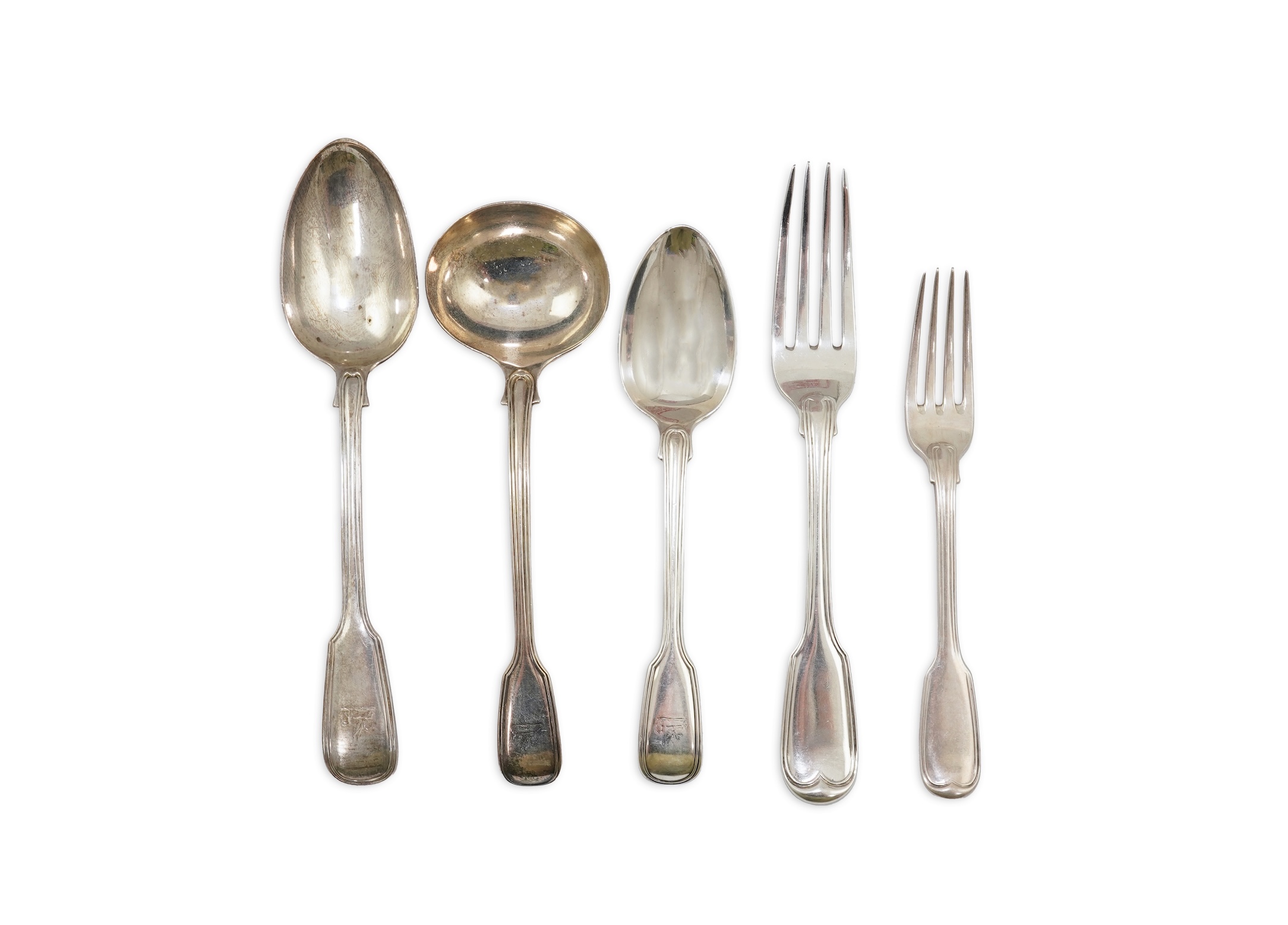A part canteen of Victorian silver double struck fiddle and thread pattern flatware, by George Adams